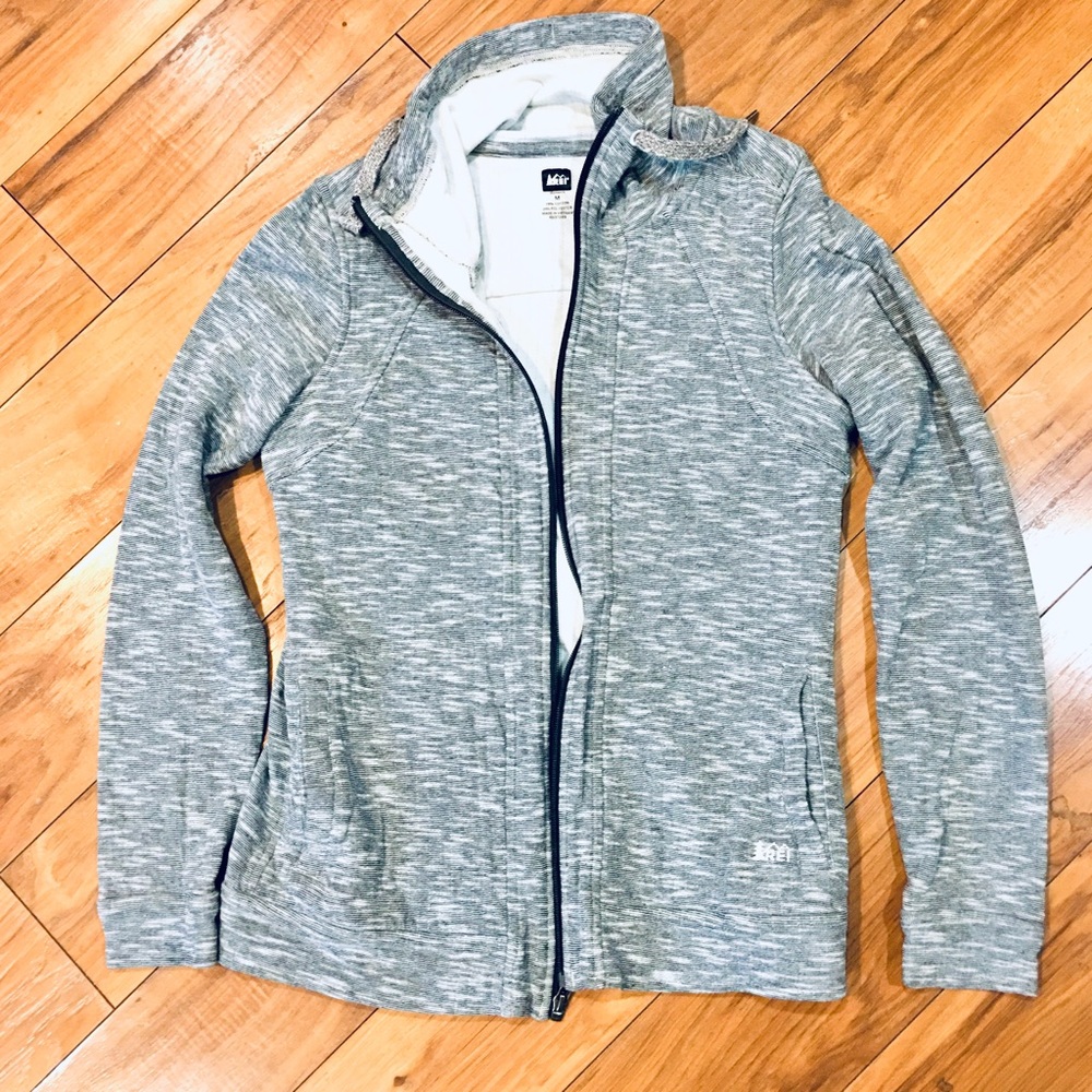 REI jacket coat sweatshirt zip front marled grey gray winter fitness running